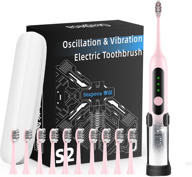 Seapeoa Adult Sonic Electric Toothbrush with 10 Brush Heads, Travel case, and Wall Bracket, Suitable for Both Adults and Children, IPX8 Waterproof, USB Charging, 42000VPM, Pink - Image 1